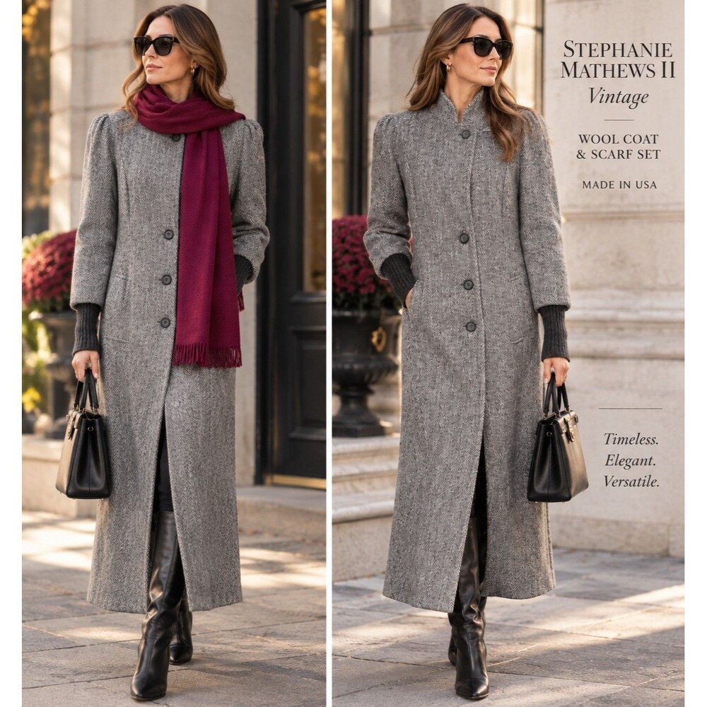 Vintage Stephanie Mathews II Wool Coat Scarf Set M Gray Herringbone NWT USA